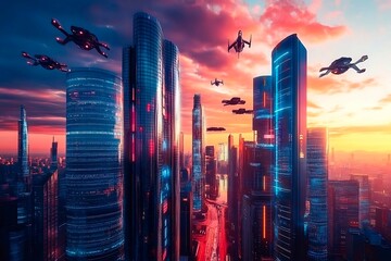A stunning futuristic cityscape at dusk featuring metallic skyscrapers with reflective surfaces, flying cars zooming between buildings, and a vibrant neon-lit sunset sky. Rendered in a cyberpunk style