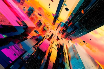 A stunning futuristic cityscape at dusk featuring metallic skyscrapers with reflective surfaces, flying cars zooming between buildings, and a vibrant neon-lit sunset sky. Rendered in a cyberpunk style