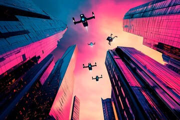 A stunning futuristic cityscape at dusk featuring metallic skyscrapers with reflective surfaces, flying cars zooming between buildings, and a vibrant neon-lit sunset sky. Rendered in a cyberpunk style