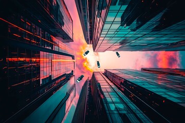A stunning futuristic cityscape at dusk featuring metallic skyscrapers with reflective surfaces, flying cars zooming between buildings, and a vibrant neon-lit sunset sky. Rendered in a cyberpunk style