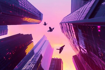 A stunning futuristic cityscape at dusk featuring metallic skyscrapers with reflective surfaces, flying cars zooming between buildings, and a vibrant neon-lit sunset sky. Rendered in a cyberpunk style