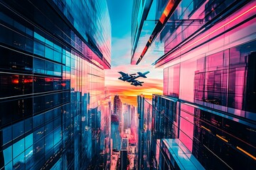 A stunning futuristic cityscape at dusk featuring metallic skyscrapers with reflective surfaces, flying cars zooming between buildings, and a vibrant neon-lit sunset sky. Rendered in a cyberpunk style