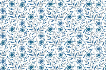 continuous blue line floral pattern, minimalist cotton flower seamless design, textile print for wall art, packaging and aprons

