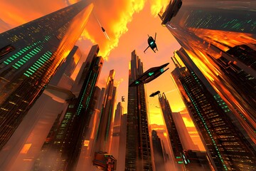 A stunning futuristic cityscape at dusk featuring metallic skyscrapers with reflective surfaces, flying cars zooming between buildings, and a vibrant neon-lit sunset sky. Rendered in a cyberpunk style