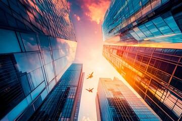 A stunning futuristic cityscape at dusk featuring metallic skyscrapers with reflective surfaces, flying cars zooming between buildings, and a vibrant neon-lit sunset sky. Rendered in a cyberpunk style