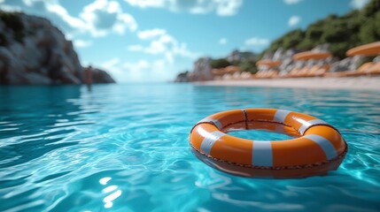 Clear water with a life preserver. Beach with beach chairs on a summer day