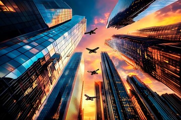 A stunning futuristic cityscape at dusk featuring metallic skyscrapers with reflective surfaces, flying cars zooming between buildings, and a vibrant neon-lit sunset sky. Rendered in a cyberpunk style