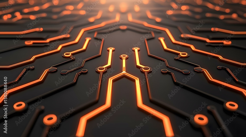 Poster the image shows a stylized depiction of a circuit board with glowing orange lines on a dark backgrou
