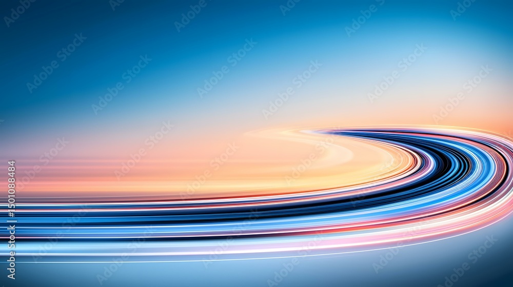 Poster the image contains an abstract representation of a curved, glowing path composed of numerous thin, p