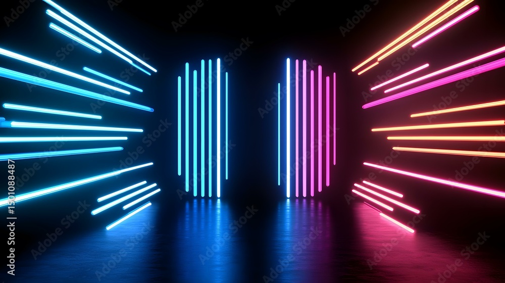 Poster the image contains a dark room illuminated by neon lights. bright blue and pink neon tubes are arran