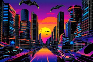 A stunning futuristic cityscape at dusk featuring metallic skyscrapers with reflective surfaces, flying cars zooming between buildings, and a vibrant neon-lit sunset sky. Rendered in a cyberpunk style