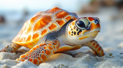 Sea turtle crawls on the sand, close-up shot, bright sunshine
