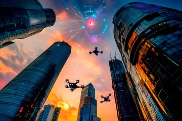 A stunning futuristic cityscape at dusk featuring metallic skyscrapers with reflective surfaces, flying cars zooming between buildings, and a vibrant neon-lit sunset sky. Rendered in a cyberpunk style