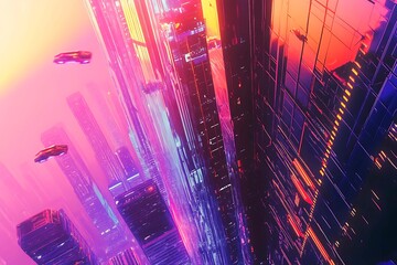 A stunning futuristic cityscape at dusk featuring metallic skyscrapers with reflective surfaces, flying cars zooming between buildings, and a vibrant neon-lit sunset sky. Rendered in a cyberpunk style