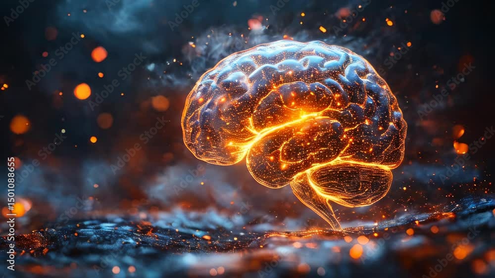 Poster a vibrant, animated representation of a brain radiating lights and energy effects. this captivating 
