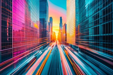 A stunning futuristic cityscape at dusk featuring metallic skyscrapers with reflective surfaces, flying cars zooming between buildings, and a vibrant neon-lit sunset sky. Rendered in a cyberpunk style
