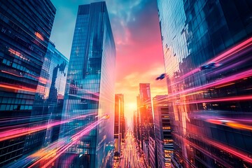 A stunning futuristic cityscape at dusk featuring metallic skyscrapers with reflective surfaces, flying cars zooming between buildings, and a vibrant neon-lit sunset sky. Rendered in a cyberpunk style