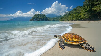 Turtle resting on a tropical beach with turquoise water and green forest backdrop