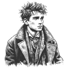 Obraz premium scruffy young man in layered clothing, evoking themes of hardship, poverty, and resilience sketch engraving generative ai vector illustration. Scratch board imitation. Black and white image.