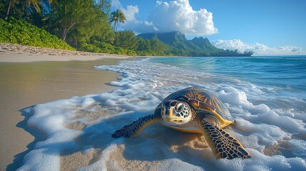 Turtle on a beach with foamy waves and mountains in background on a sunny day
