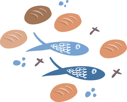 Five loaves or bread and two fish illustration. Vector symbol, Ichtus pattern for christian graphic.  Sharing, miracle. Symbolizes sharing, miracle of Jesus.