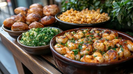 Display of appetizing dishes savory baked goods, chopped herbs, fried prawns, and crumbled food