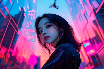 A stunning futuristic cityscape at dusk featuring metallic skyscrapers with reflective surfaces, flying cars zooming between buildings, and a vibrant neon-lit sunset sky. Rendered in a cyberpunk style