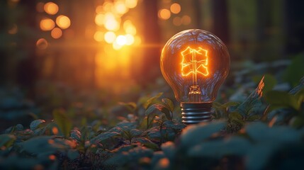 Glowing bulb sits nestled amongst green leaves, lit by soft sunlight filtering through trees