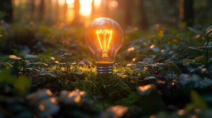 Illuminated bulb glows brightly in a forest floor setting, contrasting nature with technology