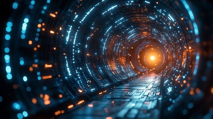 Illuminated tunnel with blue and orange lights converging into bright center, casting reflections