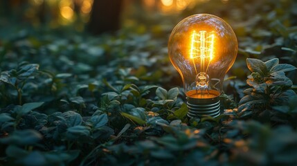 Illuminated bulb rests among foliage in a softly lit natural environment