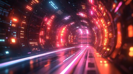 Futuristic tunnel Glowing panels line a curved passageway with streaks of light receding into the distance
