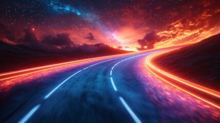 Glowing lines trace a road under a vivid, star-filled sky