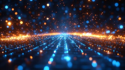 Glowing particle lines create vibrant, abstract digital background with light and depth