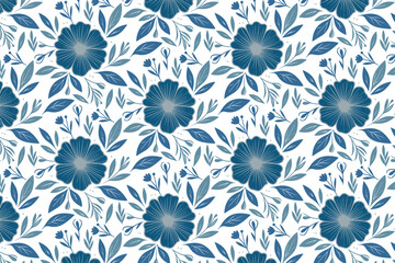 minimal blue flower line sketch, seamless cotton floral textile, repeat design for wallpaper, fabric and pillow covers

