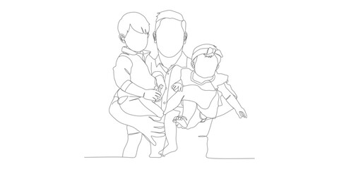 Father Holding Son and Daughter - Continuous Line Family Love Drawing

