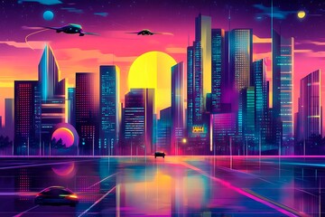 A stunning futuristic cityscape at dusk featuring metallic skyscrapers with reflective surfaces, flying cars zooming between buildings, and a vibrant neon-lit sunset sky. Rendered in a cyberpunk style