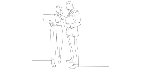 Business Discussion with Laptop - Continuous Line Drawing of Professionals Collaborating

