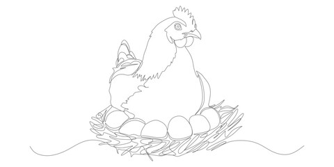 Hen Sitting on Nest with Eggs - Continuous Line Farm Animal Drawing

