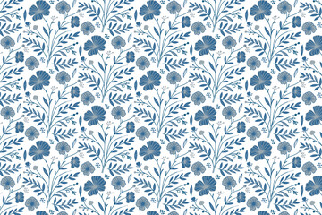 stylish blue seamless flower motif, line drawn cotton floral pattern, textile print for tote bags, fashion and wall art

