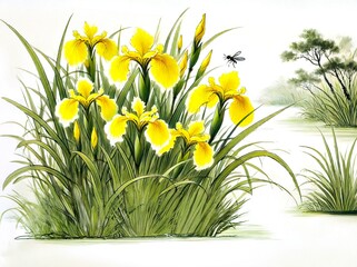 Yellow Irises Asian Ink Painting