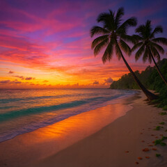 Vibrant Caribbean Sunset Over a Tropical Beach with Palm Trees