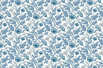 blue flower outline pattern design, single line seamless textile art, cotton sketch for wrapping, kitchen and fabric prints

