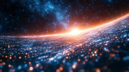 Cosmic dawn Glowing horizon over a field of celestial lights and dark stardust