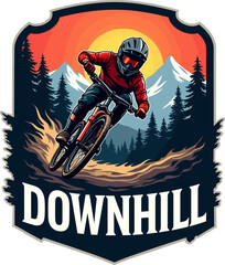 Powerful mountain bike illustration of downhill cyclist in forest with bold sun and “DOWNHILL” text. Ideal for extreme sports graphics
