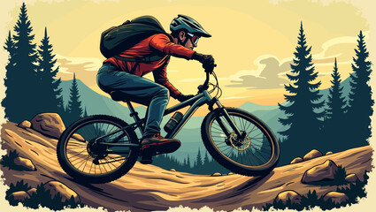 Mountain biker riding along forest trail with pine trees and mountains in the background. Ideal for adventure and outdoor sport themes