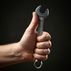 Close-up of a hand holding a metal wrench on a dark background, symbolizing tools, manual labor, and repair work.