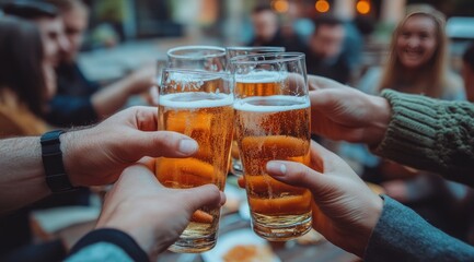 Cheers to friendship.  A toast with friends outdoors, enjoying beverages and good company