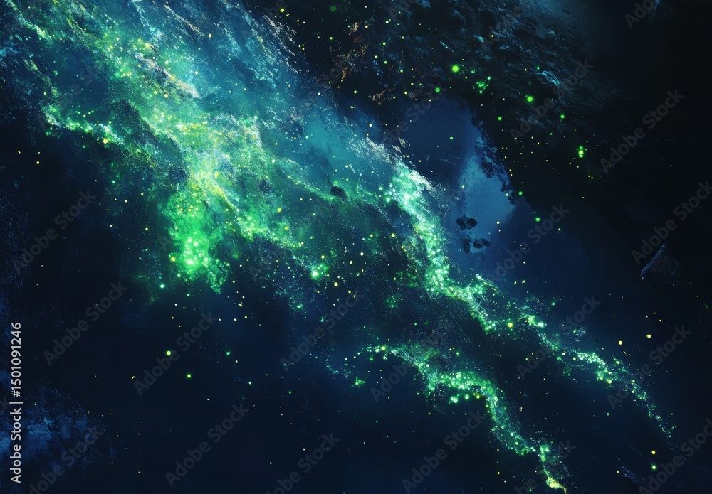 Aufkleber wavy particles and dark blue abstract dots are set against a green abstract background with stock il