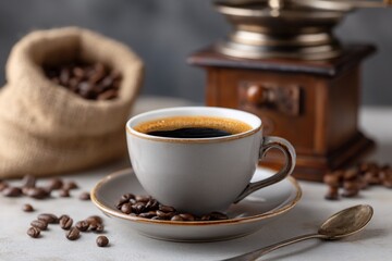 Fototapeta premium Coffees embrace Beans grinder cup